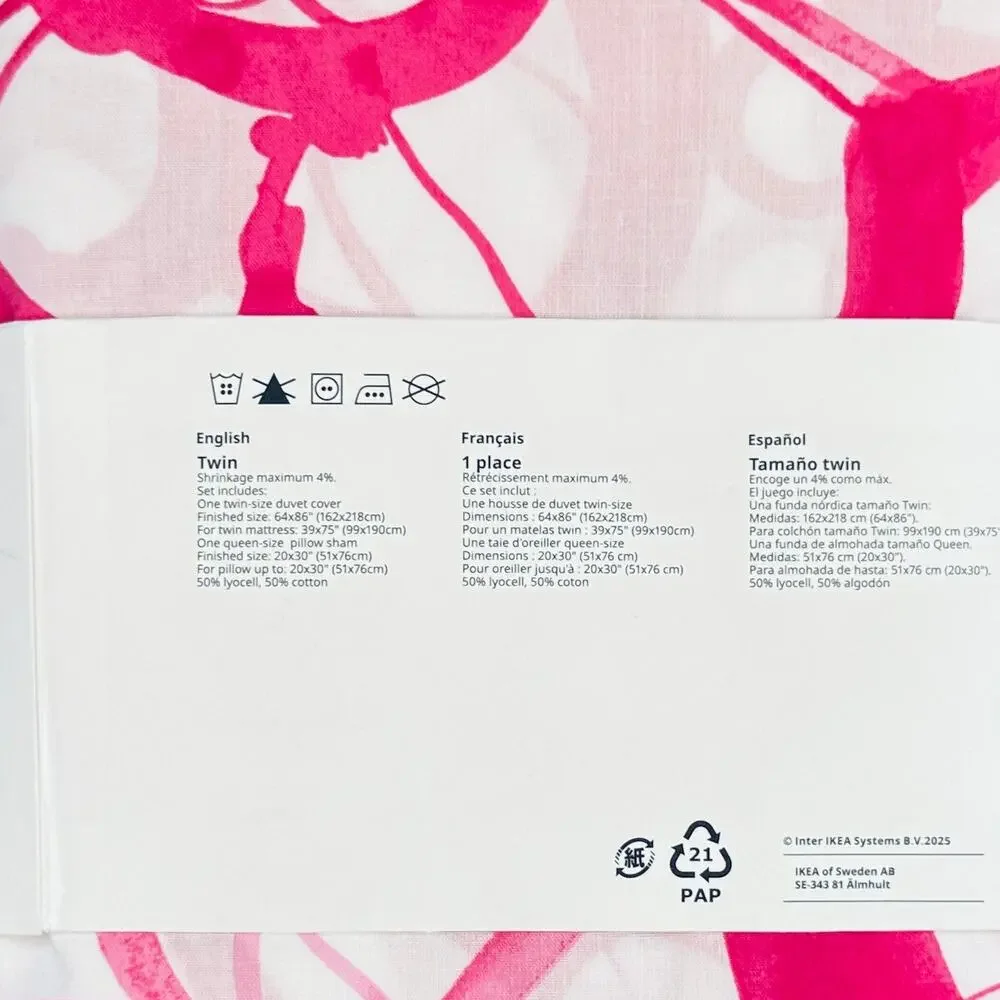 IKEA HARLIR Bright Pink Floral Pattern Twin Duvet Cover & Pillowcase